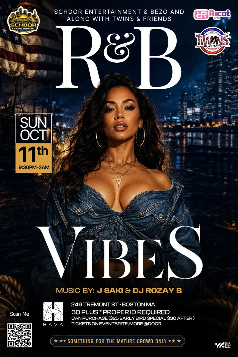 R&B Vibes flyer: Sunday October 11, 9:30PM–2AM at HAVA, 246 Tremont St, Boston. 30 plus, proper ID required. Music by J Saki & DJ Rozay B