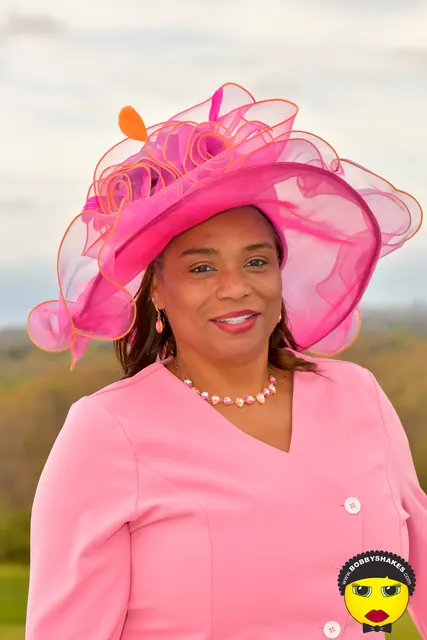 Guest in a wide pink organza hat at the 2026 Kentucky Derby Day Party in Boston